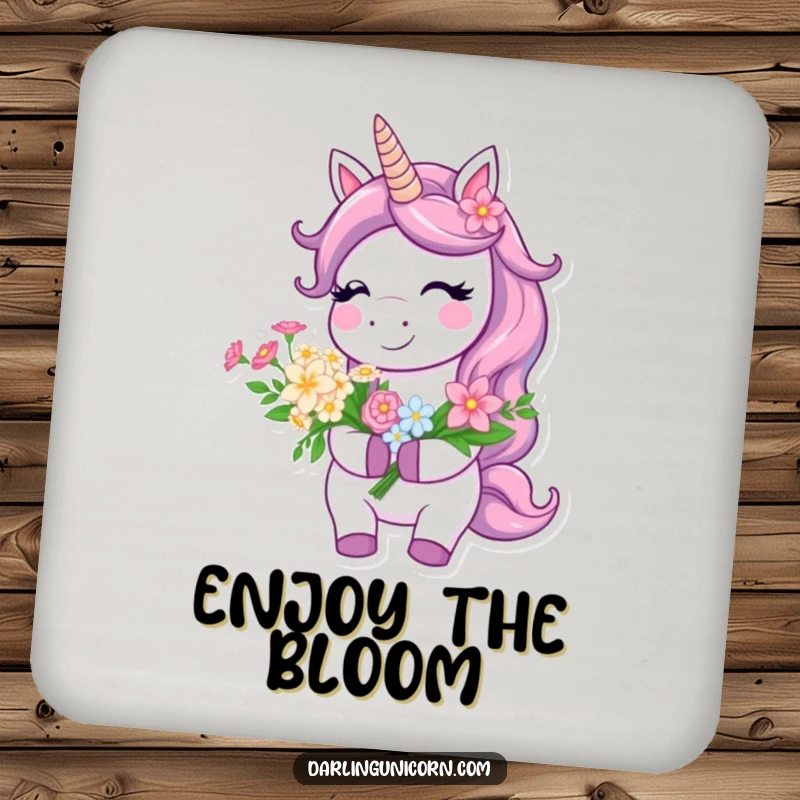 Funny Drink Coaster with a smiling unicorn holding a flower bouquet, adding a bright and cheerful touch.