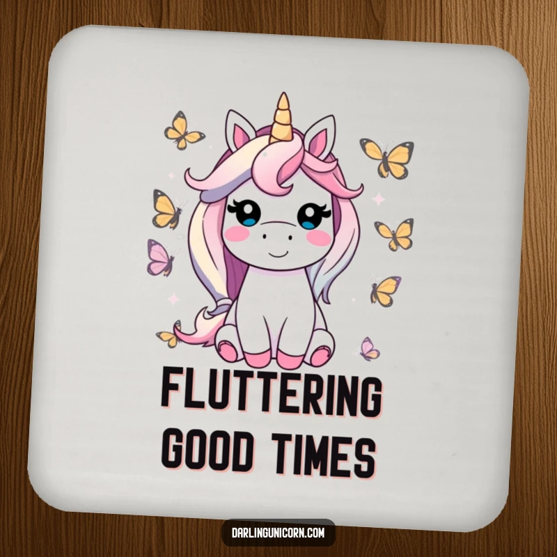 Funny unicorn coaster depicting a contented unicorn smiling, surrounded by friendly butterflies, offering gentle protection with a touch of nature's magic.