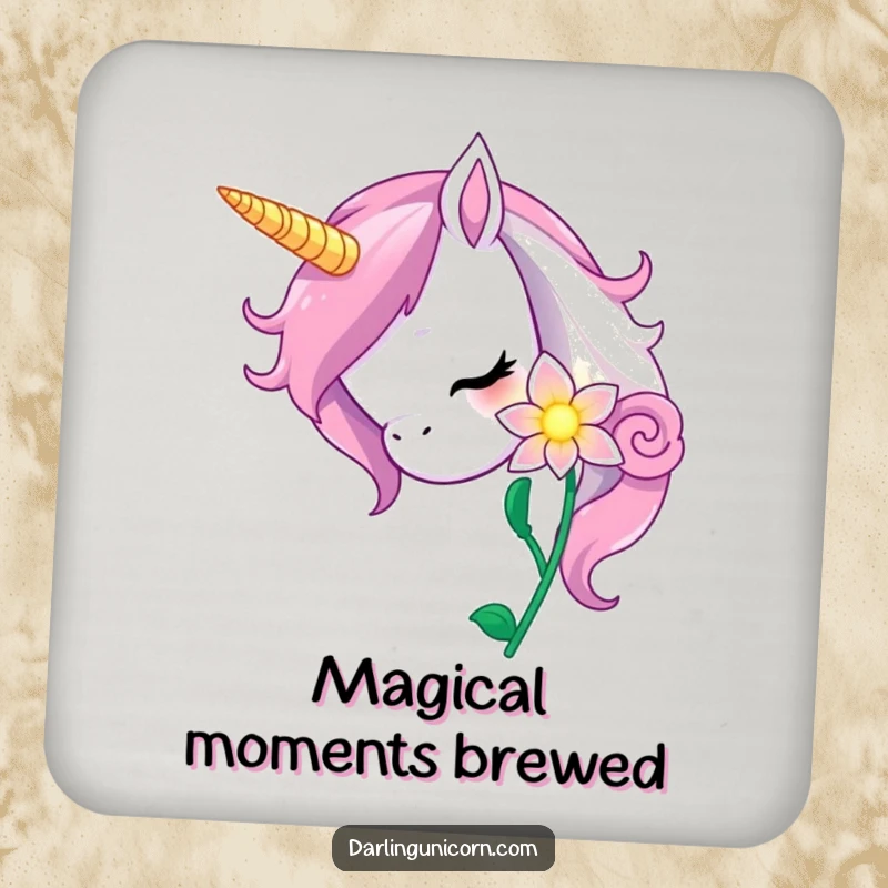 Funny unicorn drink coaster depicting a curious unicorn nuzzling a glowing magic flower, adding whimsical charm and protection.