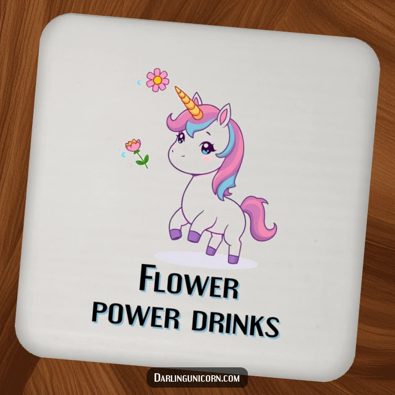 Funny drink coaster showing a unicorn playfully tossing a flower, offering whimsical protection and a touch of humor.