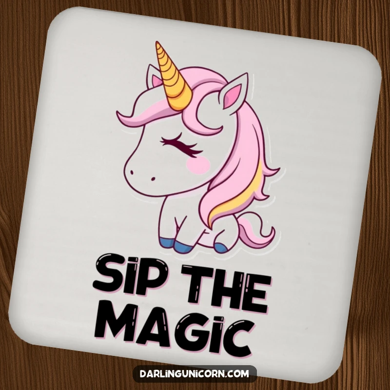 Funny Drink Coaster featuring a lovely unicorn with a golden horn, giving an adorable wink, adding flair to drinks.