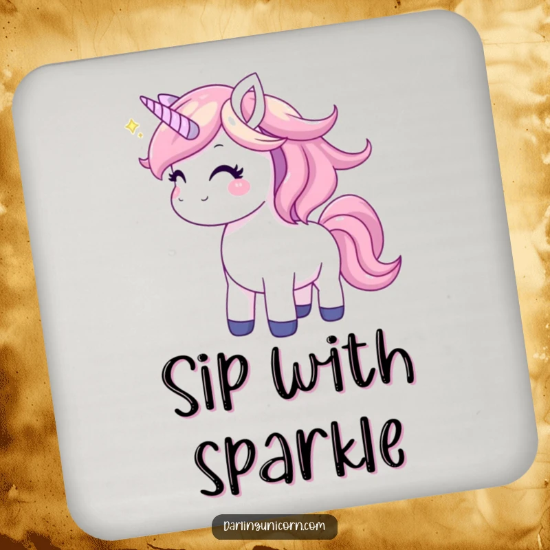 Funny unicorn drink coaster showing a joyful unicorn tossing its mane, adding magical charm and protection to your surfaces.