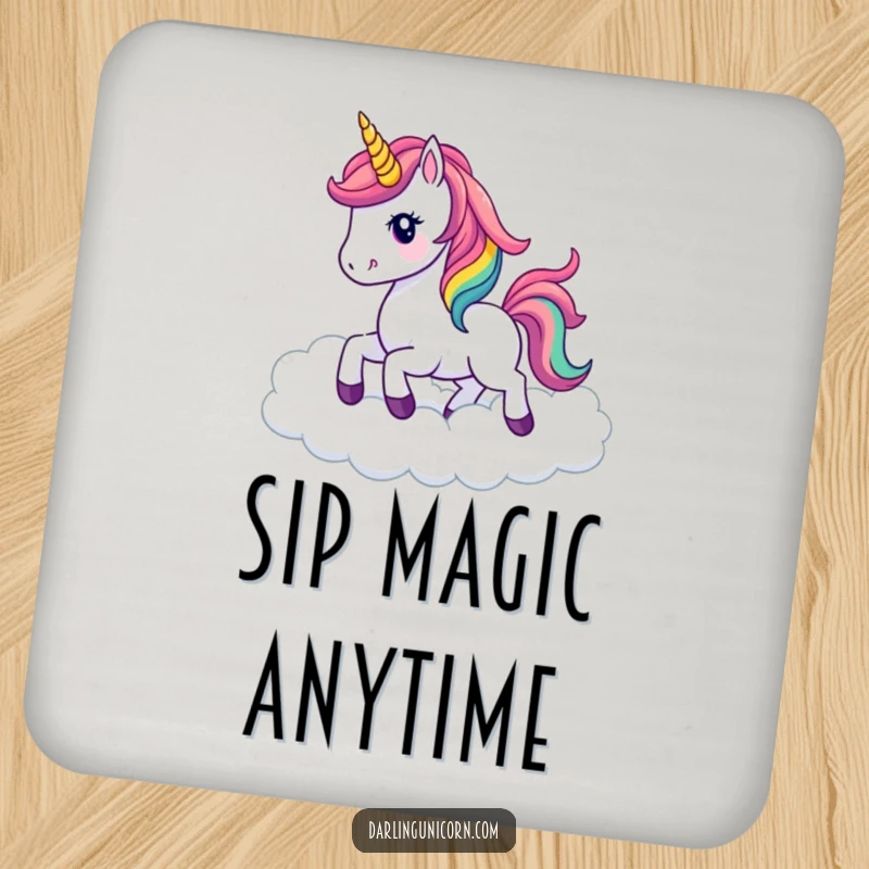 Funny kawaii unicorn with a vibrant rainbow mane prancing among clouds, designed as a protective and decorative drink coaster.
