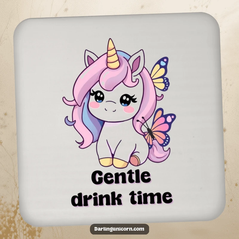Funny drink coaster showing a kind unicorn nudging a butterfly, offering gentle protection and a heartwarming accent.
