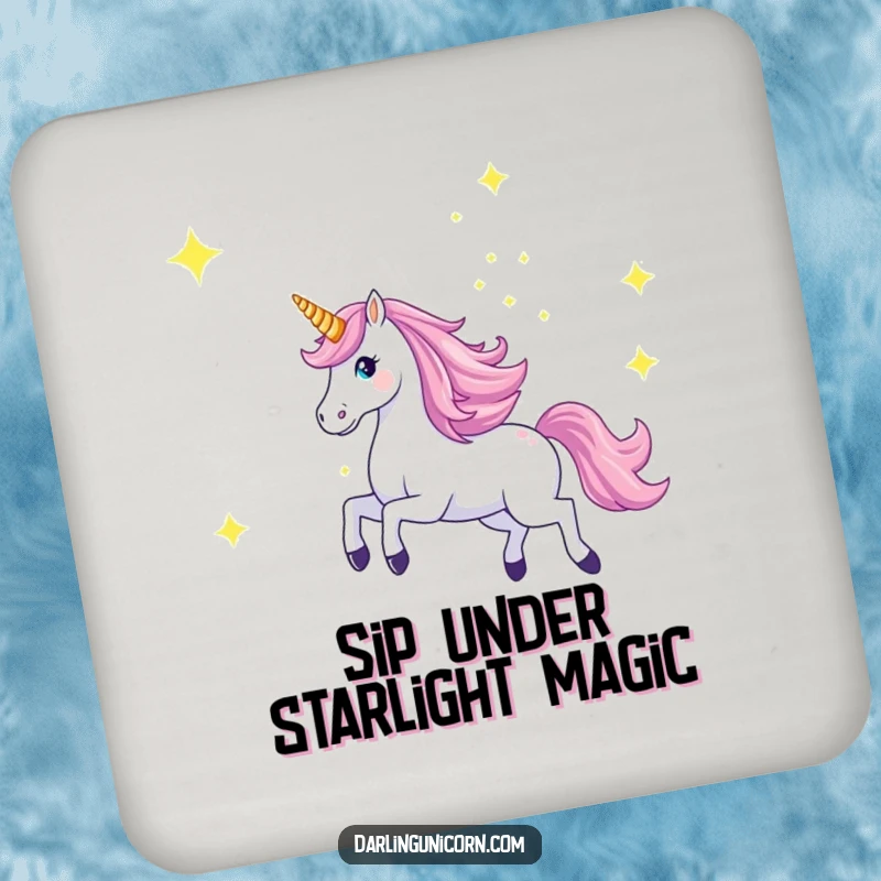 Funny coaster with a majestic unicorn galloping across a starry sky with its horn aglow, protecting surfaces with celestial beauty.