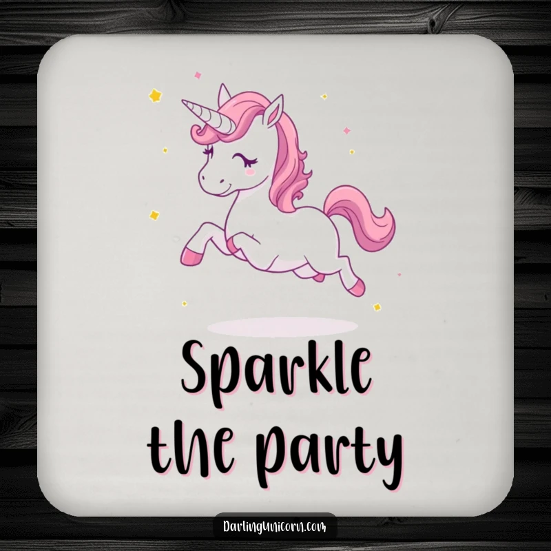 Funny drink coaster depicting a unicorn kicking up stardust, offering magical protection and a humorous accent.