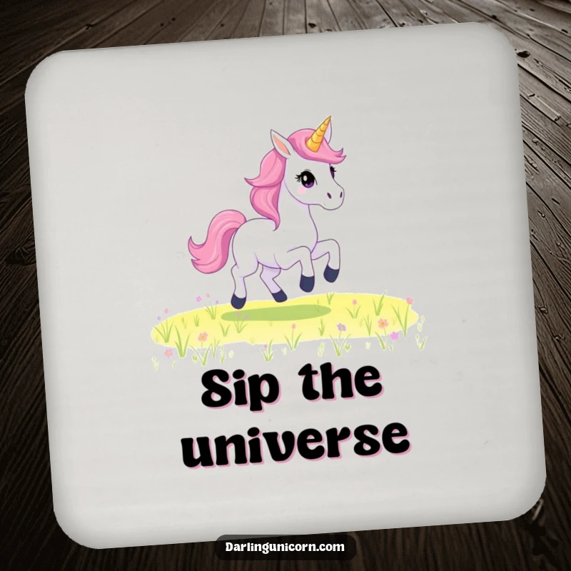 Funny Drink Coaster with a unicorn design, showcasing a starry mane and a graceful gallop, perfect for magical settings.