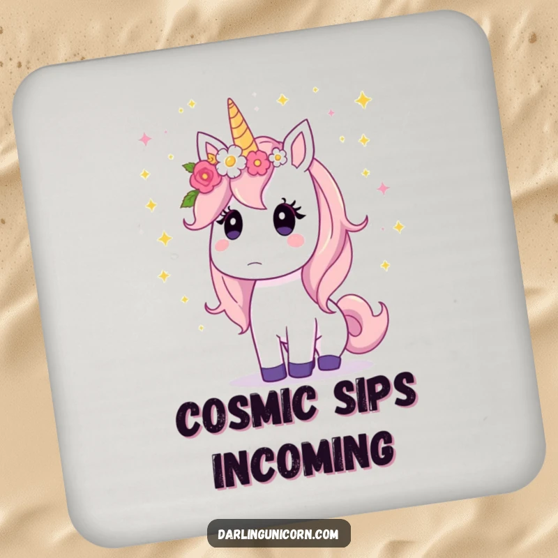 Funny unicorn with a flower crown looks surprised as shimmering stardust falls, protecting surfaces with magic.