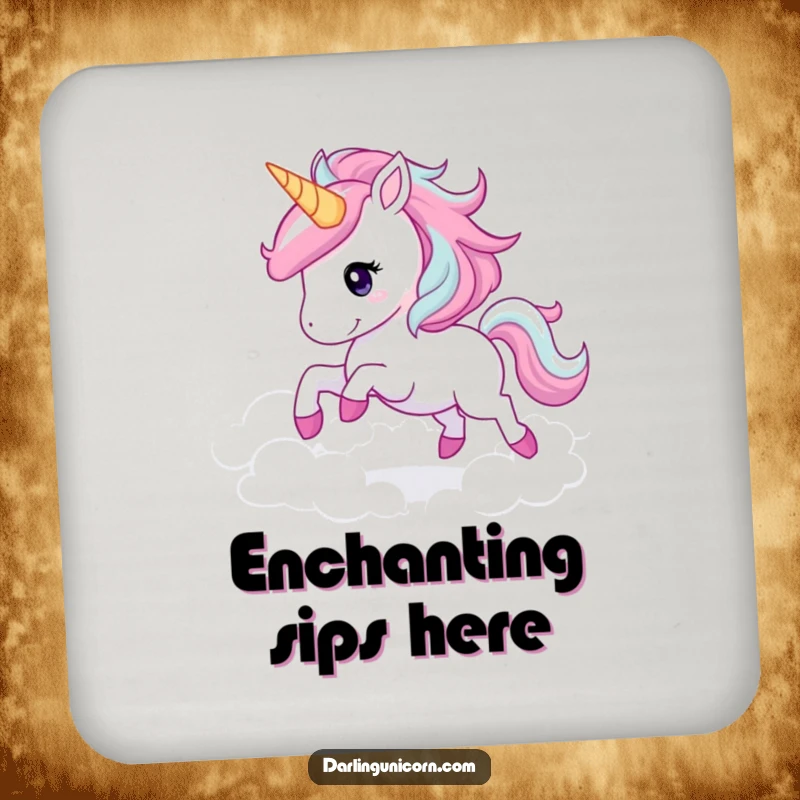 Funny unicorn galloping coaster showing a joyful unicorn with a sparkling mane amidst clouds, protecting surfaces with whimsy.
