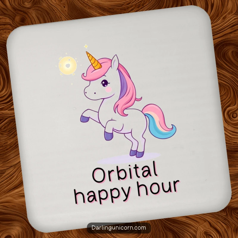 Funny unicorn coaster depicting a unicorn playfully tossing a glowing magical orb, offering playful protection with a touch of whimsical magic.