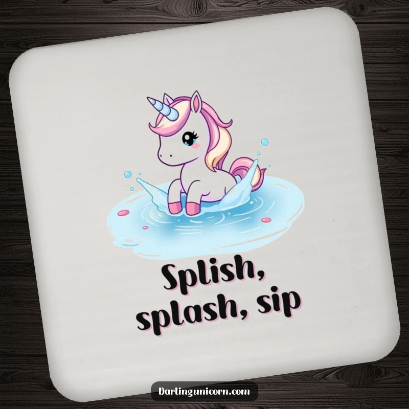 Funny drink coaster featuring a unicorn playfully splashing in a crystal clear pond, adding refreshing charm to any table.