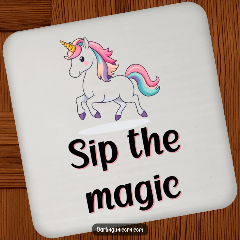 Funny Unicorn Rainbow Coasters: A majestic unicorn prances with a rainbow trail, adding magical humor and surface protection.