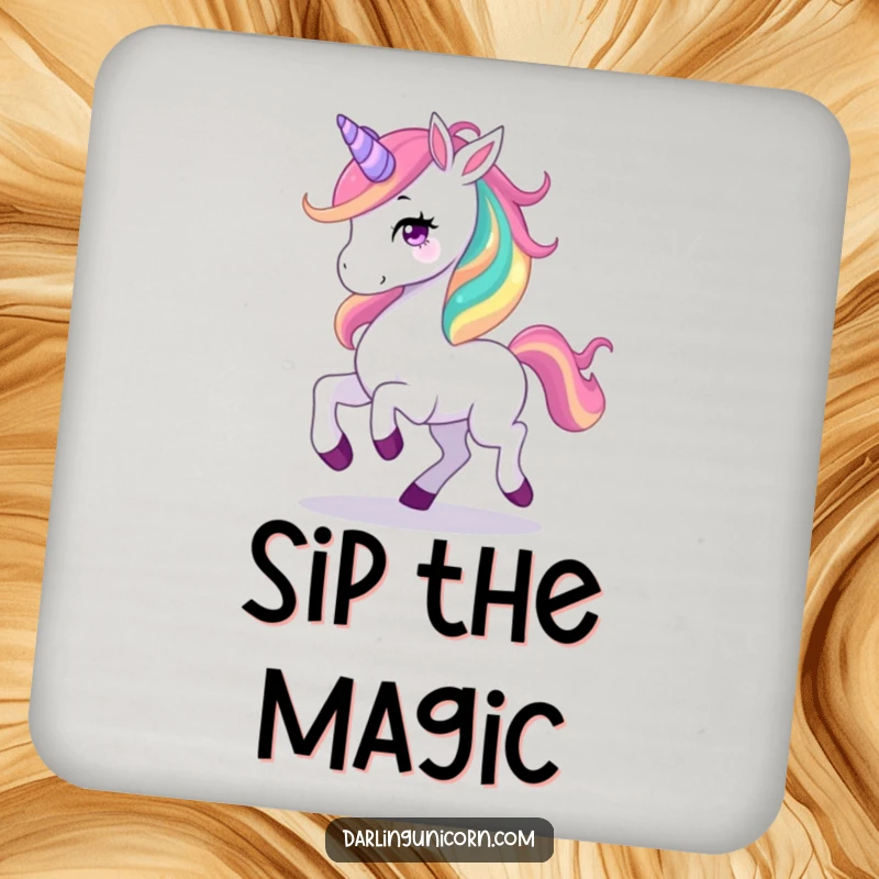 Funny coaster displaying a graceful unicorn prancing happily, its rainbow mane creating a colorful, magical scene.
