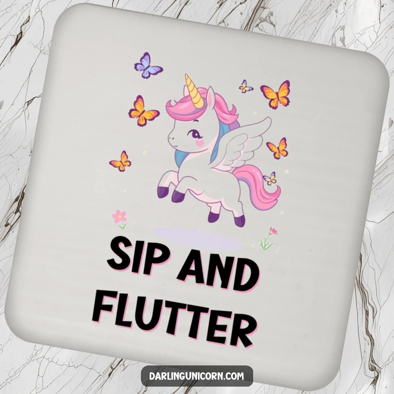 Funny coaster displaying a winged unicorn playfully chasing butterflies, adding whimsical magic and surface protection.