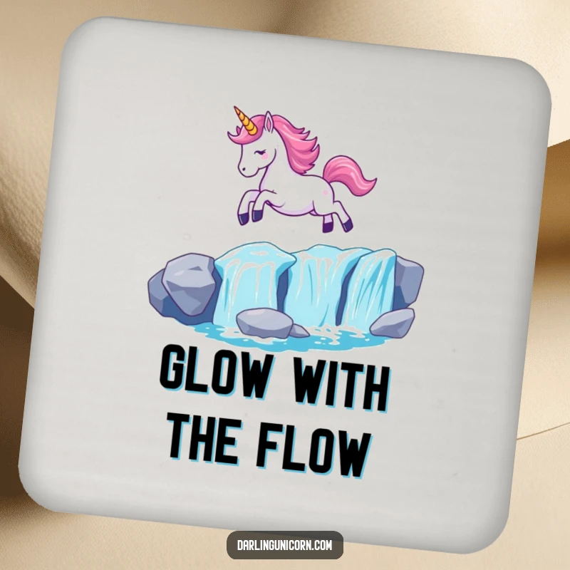 Funny Kawaii Unicorn Coaster: A unicorn with a glowing horn leaps over a shimmering waterfall, bringing magic to drinks.