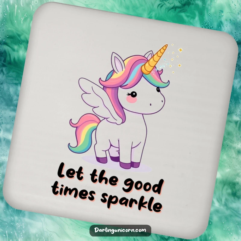 Funny drink coaster showcasing a unicorn with rainbow wings, humorously blowing glitter from its horn to add magic to surfaces.