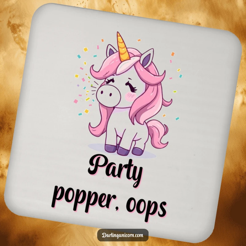 Funny surprised unicorn sneezing colorful confetti on a protective and cheerful drink coaster.