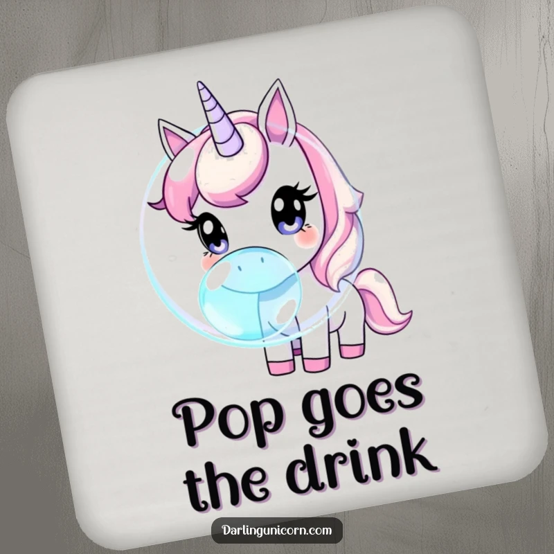 Funny unicorn with wide, curious eyes sniffing a giant, iridescent bubble, protecting surfaces with gentle curiosity.