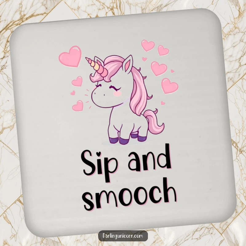 Funny Coaster: A unicorn blows a kiss, sending sparkling hearts flying, adding humorous romance to drink protection.
