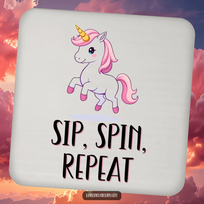 Elegant drink coaster featuring a unicorn gracefully twirling with a magical horn trail, protecting surfaces with enchanting charm.