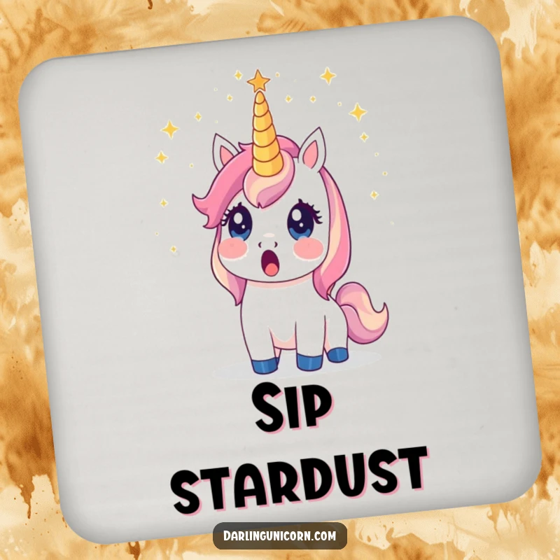 Funny unicorn drink coaster depicting a surprised unicorn whose horn emits stardust, adding magical charm and protection.