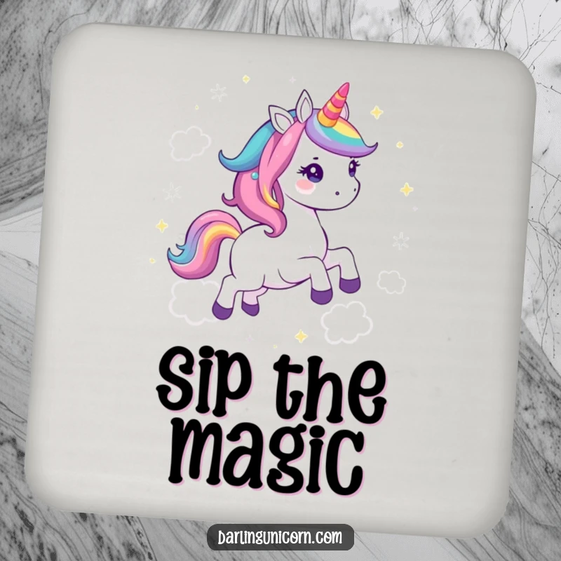Funny Kawaii Unicorn Coaster: A cute unicorn with a rainbow mane gallops across a sparkling cloud, adding whimsy to drinks.