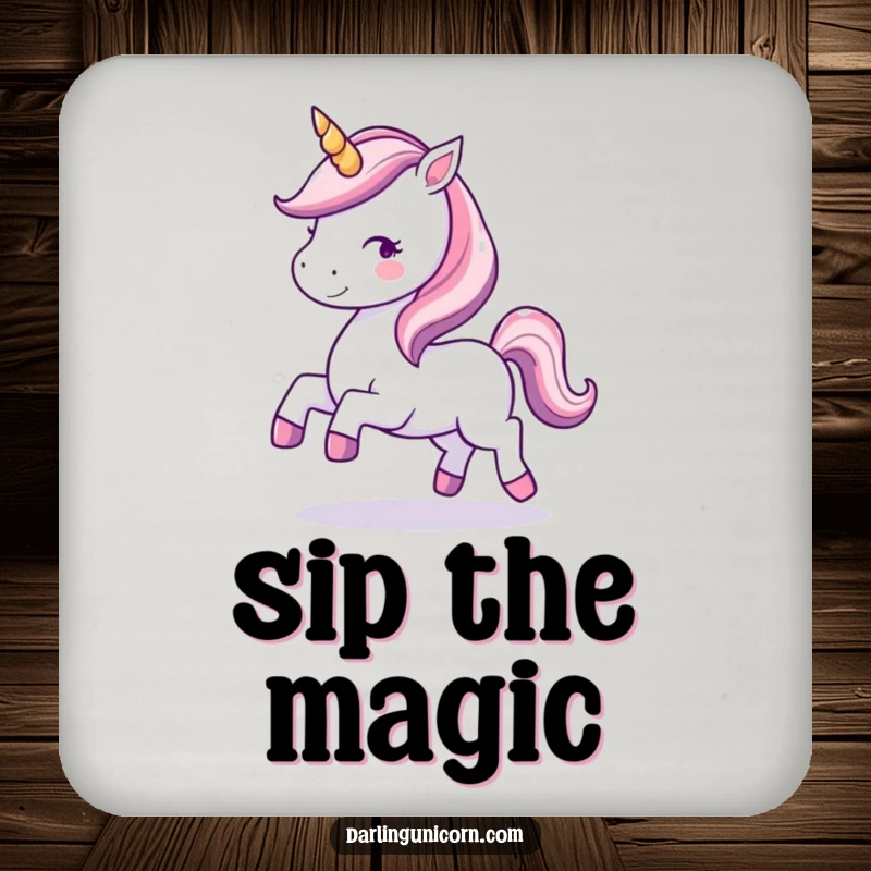 Funny drink coasters depicting a kawaii unicorn with a sparkling horn, joyfully prancing, adding magical flair.