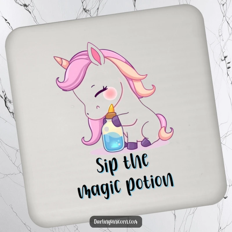 Funny coaster with a gentle unicorn nuzzling a small, luminous potion bottle with affection, protecting surfaces with magical charm.