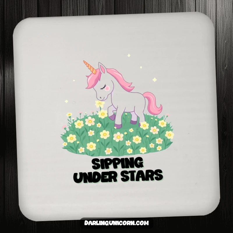 Funny unicorn gently nuzzling luminous moonflowers on a protective and enchanting drink coaster.