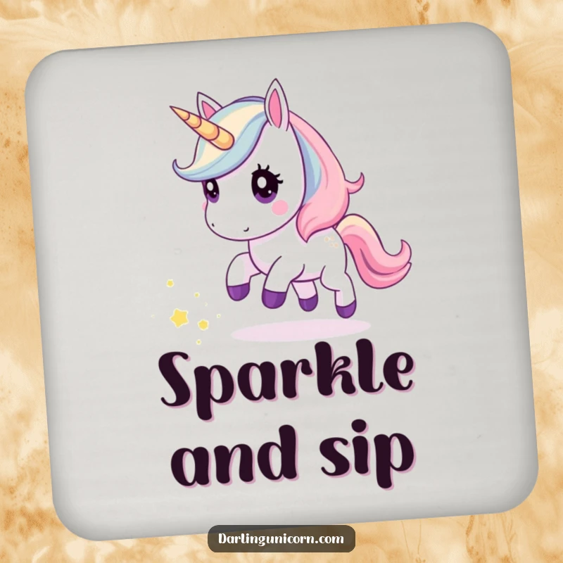 Funny coaster featuring a kawaii unicorn curiously chasing a trail of stardust, adding a touch of cute, cosmic charm to drink protection.