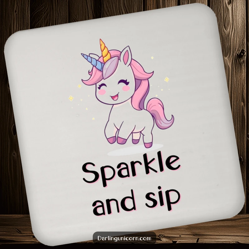 Funny Kawaii Unicorn Coaster: A happy unicorn leaves a trail of stardust, adding sparkle and joy to drinks.