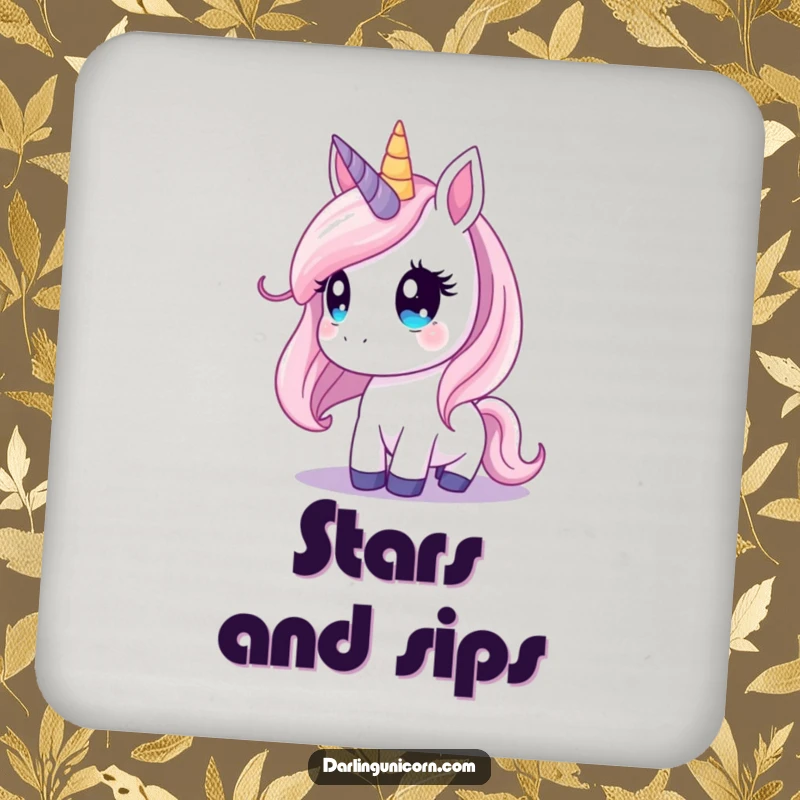 Funny unicorn drink coaster with a unicorn gazing at a starry sky, protecting surfaces with magic.