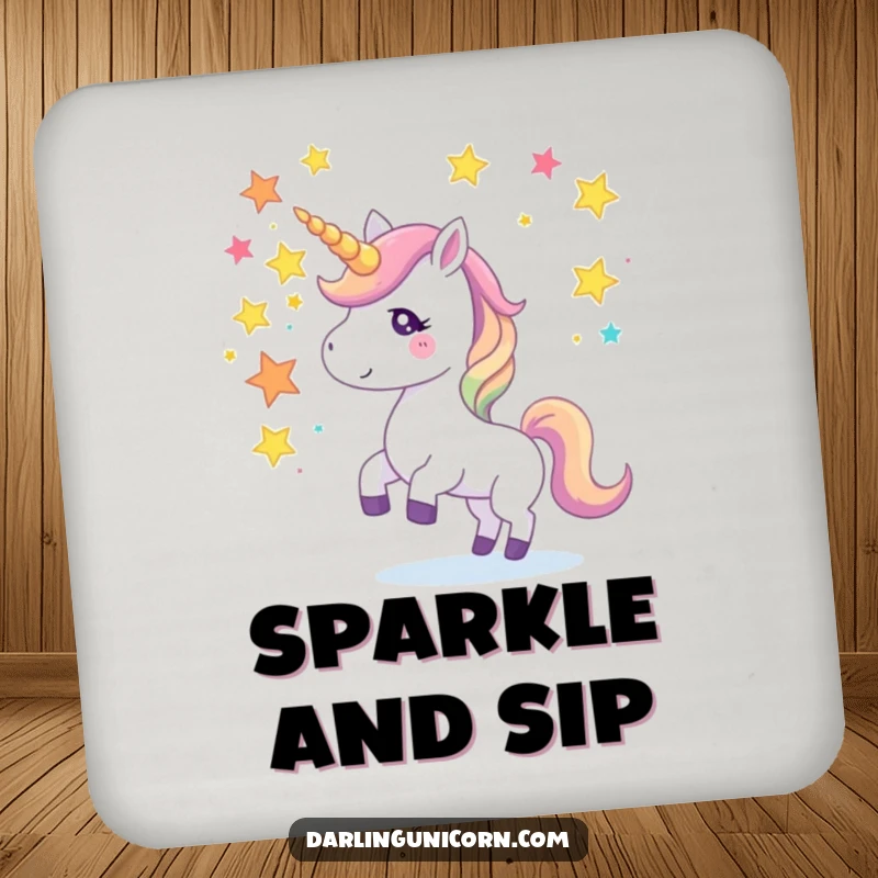 Funny coaster featuring a unicorn juggling star fragments with its horn, protecting surfaces with whimsical, cosmic flair.
