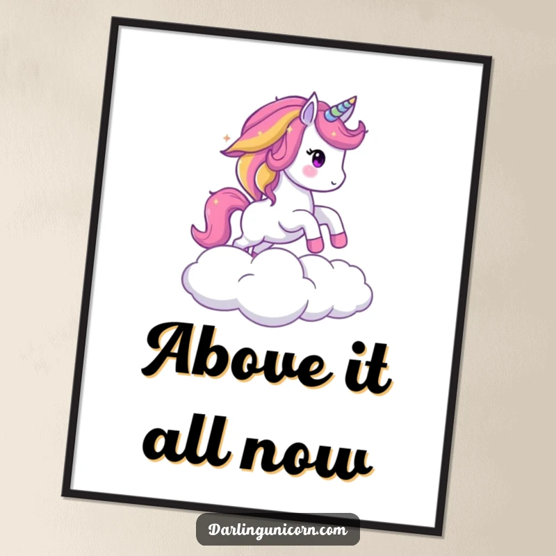Funny poster print of a sparkling unicorn with a rainbow mane in a powerful leap over a soft cloud, symbolizing freedom and fun.