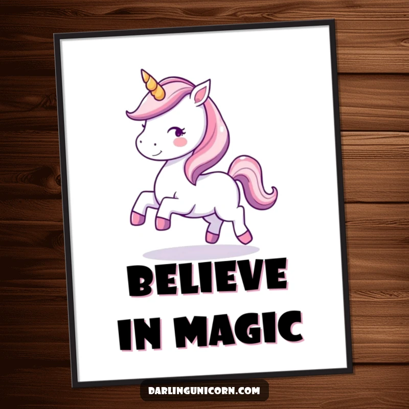 Funny poster print of a kawaii unicorn with a sparkling horn, joyfully prancing with magical sparkle and charm.