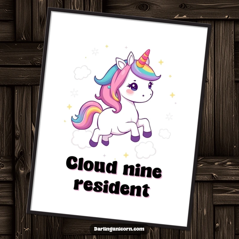 Funny Kawaii Unicorn Poster: An adorable unicorn with a rainbow mane gallops through a cloudscape, radiating joy and sparkle.