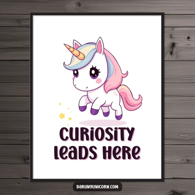 Funny poster print of a kawaii unicorn curiously chasing a glittering trail of stardust, creating an atmosphere of wonder and magic.