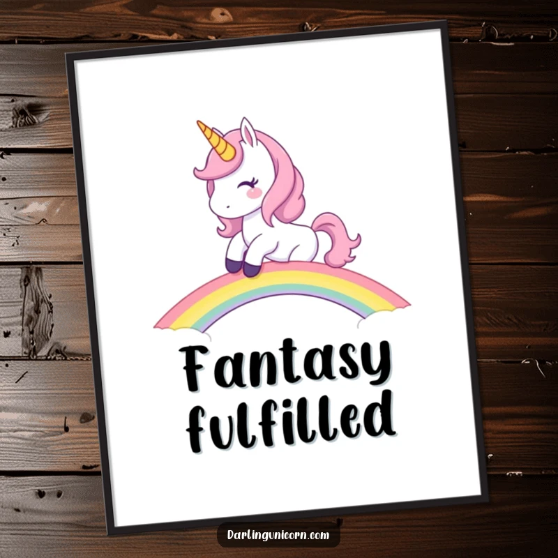 Funny Unicorn Poster: Mischievous unicorn riding a rainbow bridge with a wink, enchanting wall art with a humorous touch.