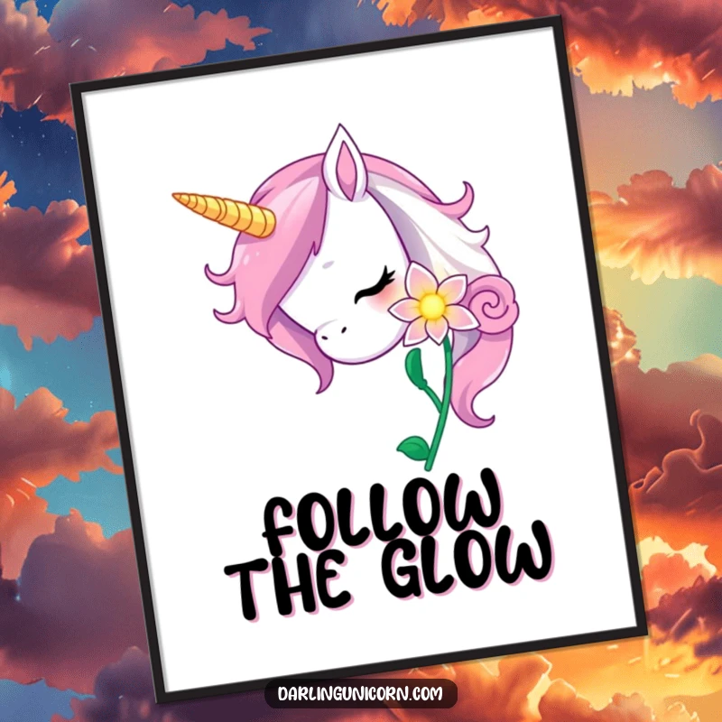 Funny unicorn poster illustrating a curious unicorn gently nuzzling a magical, glowing flower, creating an atmosphere of wonder.