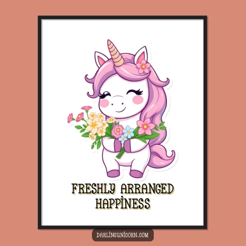 Funny Smiling Unicorn Poster - Flower Bouquet Art, Perfect Cheerful Gift!