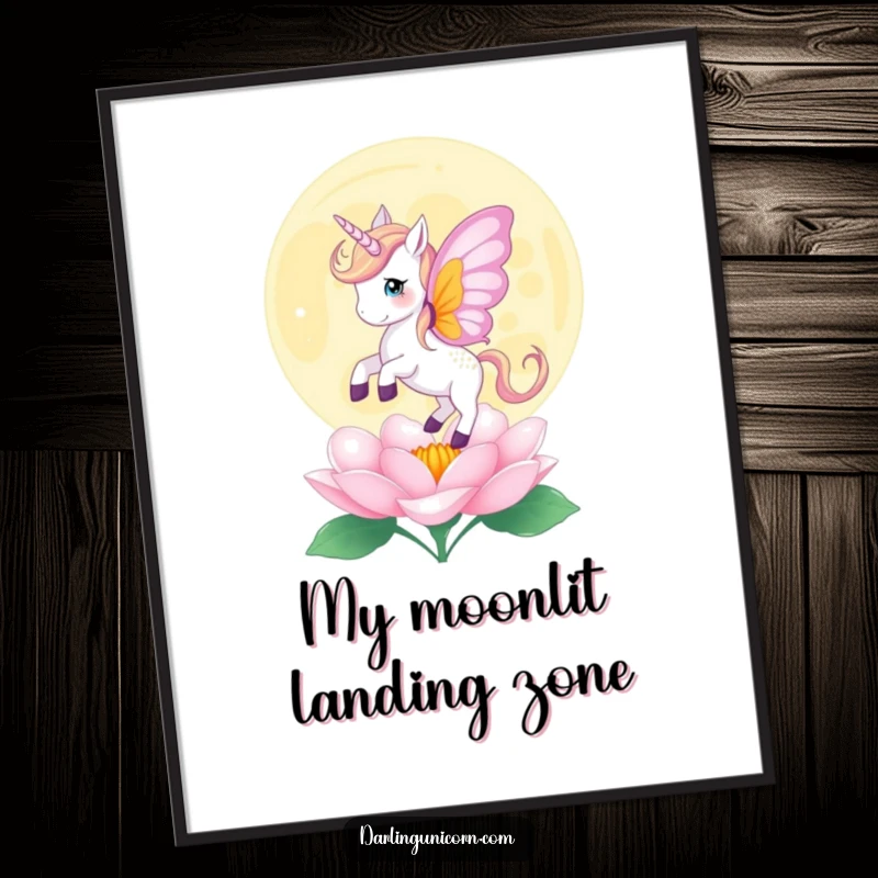 Funny poster of a unicorn with butterfly wings gently landing on a blooming moonflower, evoking a sense of gentle magic.