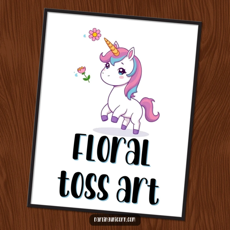 Funny poster of a unicorn playfully tossing a flower in the air, adding a touch of whimsical beauty and humor.