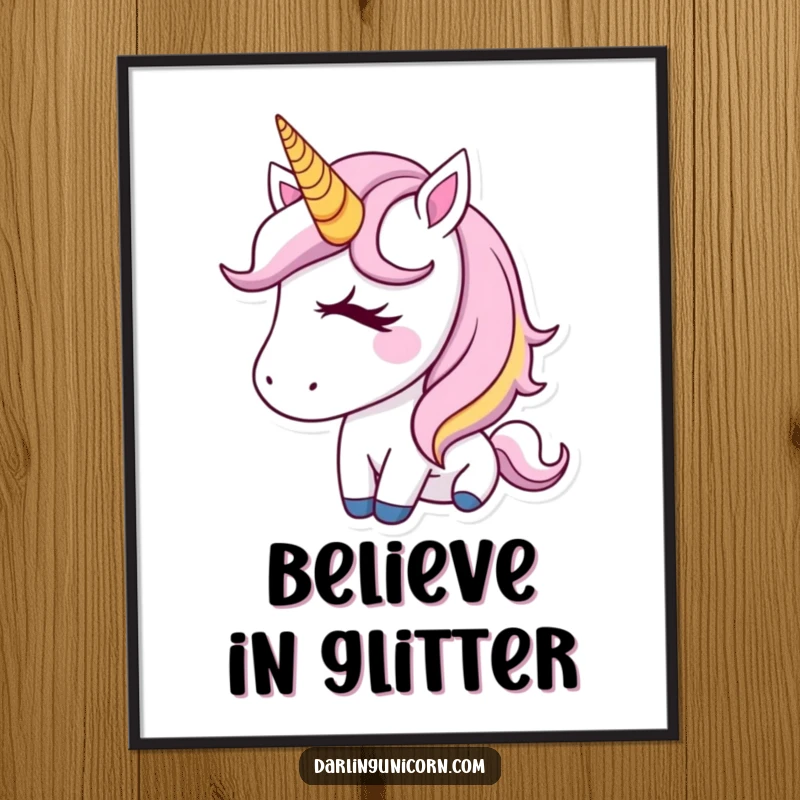 Funny Poster of a cute unicorn with a golden horn, winking adorably, creating a magical and humorous wall decor piece.