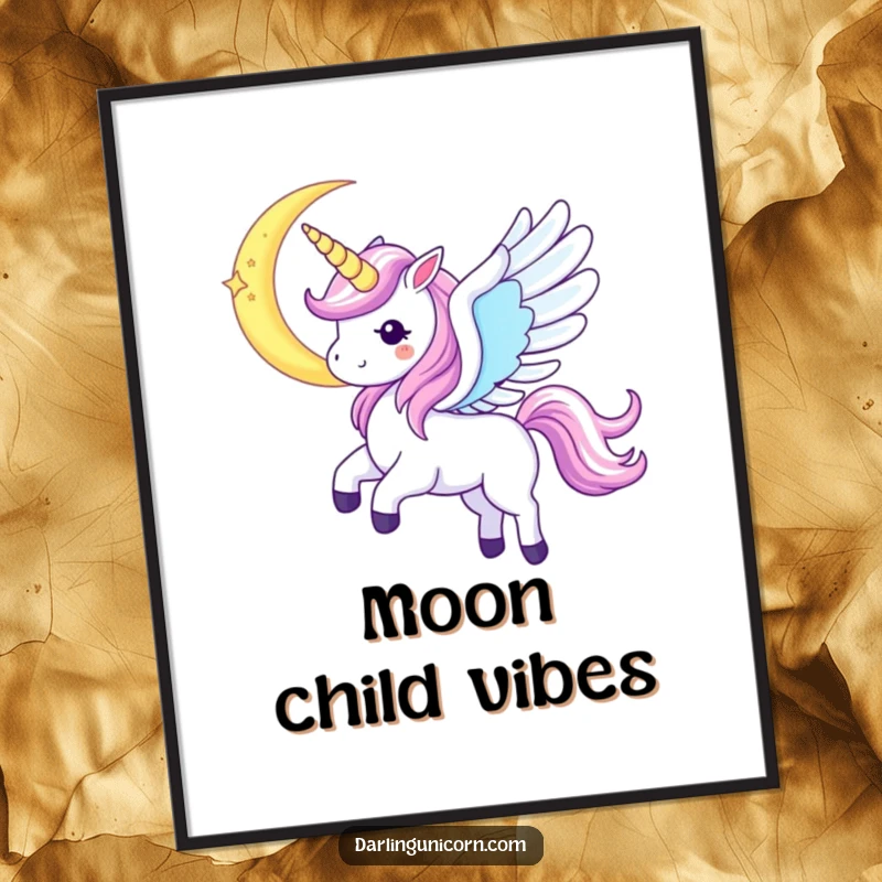 Funny Kawaii Unicorn Poster: A majestic unicorn with iridescent wings soars serenely near a crescent moon, embodying magic.