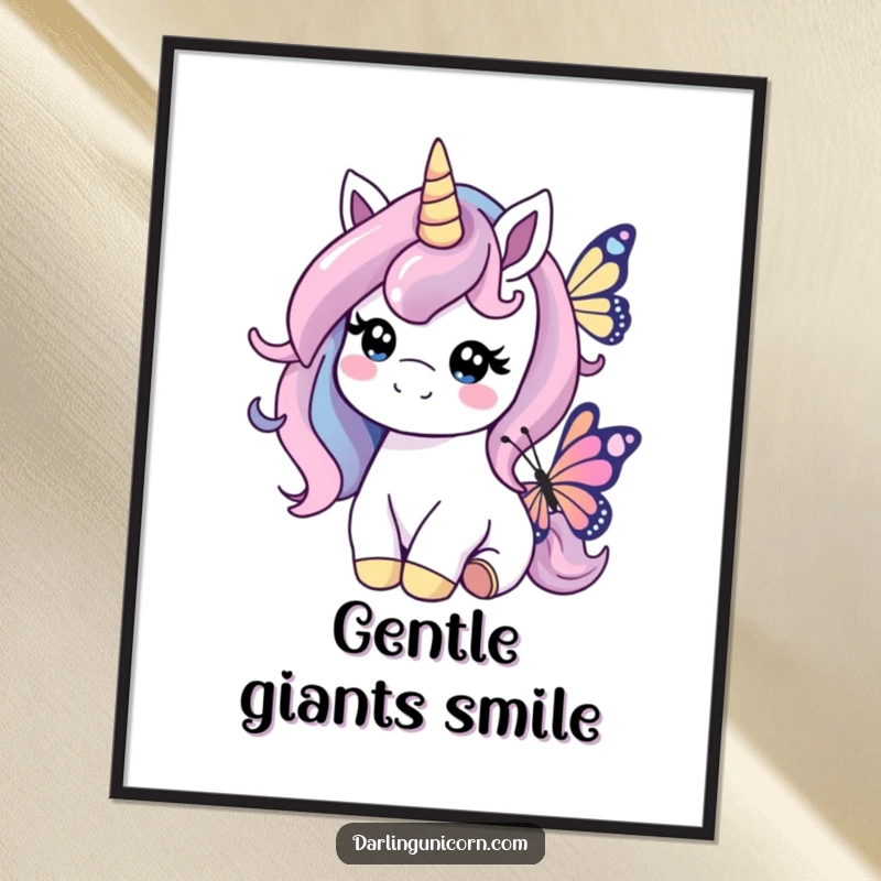 Funny poster showing a unicorn with a kind smile gently nudging a butterfly, creating a serene and heartwarming atmosphere.