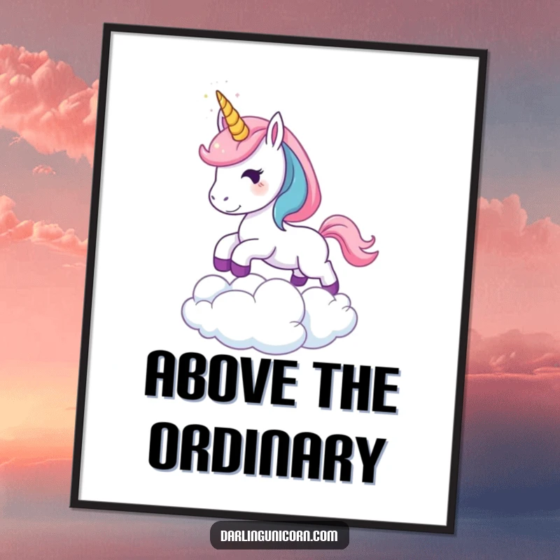 Funny Leaping Unicorn Poster: A whimsical illustration of a unicorn with a sparkling horn leaping over a cloud, radiating dreams, magic, and hopeful adventure.