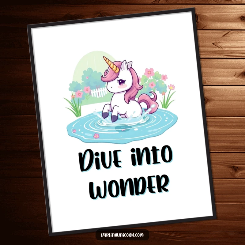 Funny Poster of a unicorn playfully splashing in a vibrant magical pond, creating a whimsical and joyful scene.