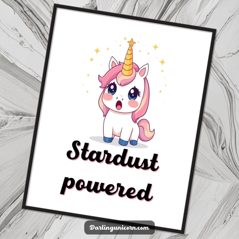 Funny unicorn poster depicting a surprised unicorn with its horn showering brilliant stardust, creating a magical atmosphere.