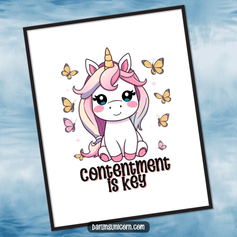 Funny unicorn poster showing a contented unicorn smiling peacefully amidst a flutter of friendly, colorful butterflies, symbolizing joy and harmony.