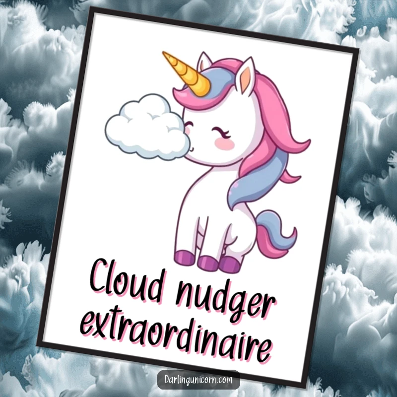 Funny unicorn poster illustrating a unicorn playfully nudging a soft, white cloud with its nose in the sky.